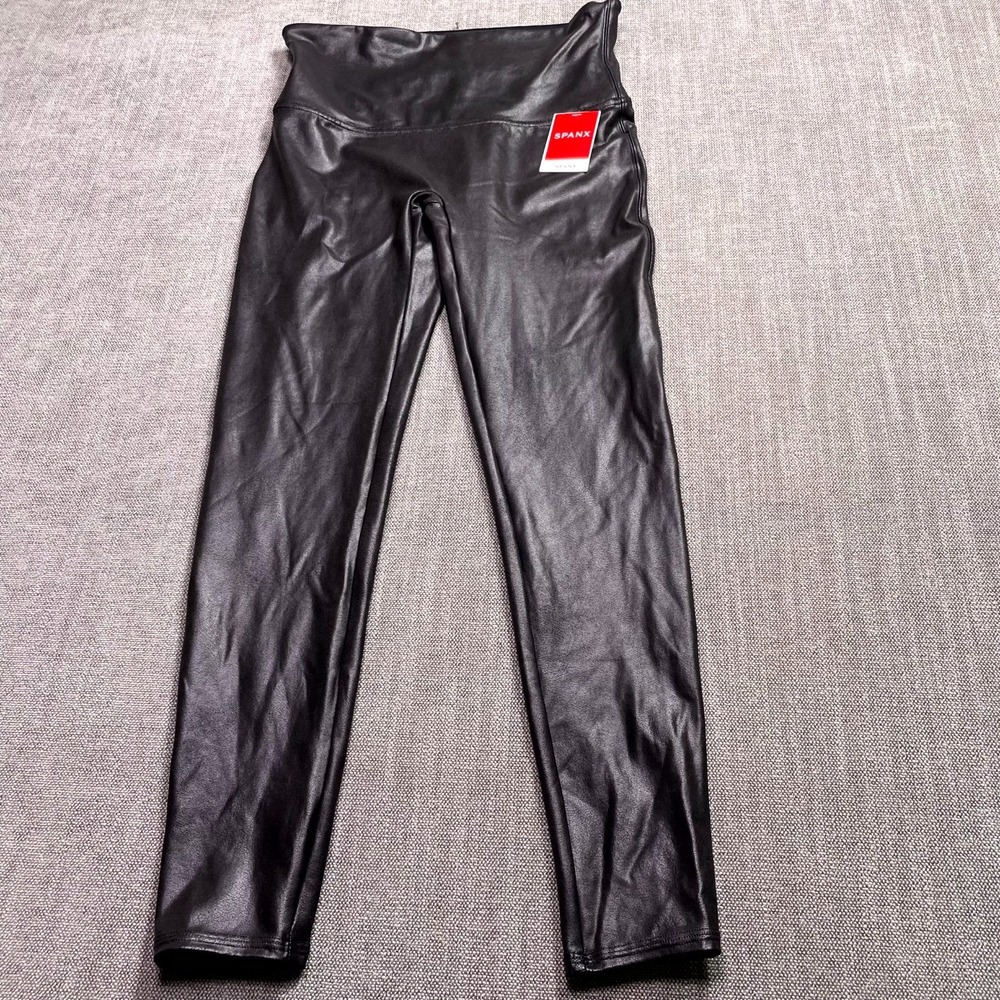 Spanx Ready to Wow Faux Leather Leggings Womens XL Black Pull On Yoga Training